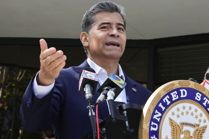 Secretary of Department of Health and Human Services Xavier Becerra speaks during a press conference at Ser Familia in Norcross on Monday, April 10, 2023. (Natrice Miller/natrice.miller@ajc.com)