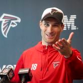 Falcons quarterback Kirk Cousins talks with members of the media during minicamp at the Atlanta Falcons Training Camp, Tuesday, May 14, 2024, in Flowery Branch, Ga. (Jason Getz / AJC)
