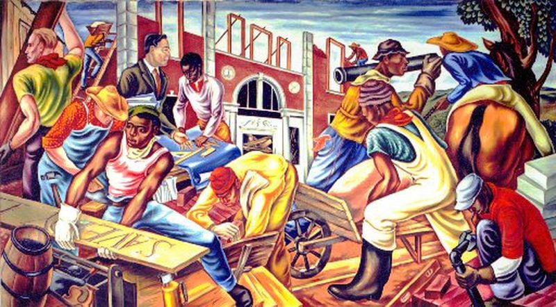 Hale Woodruff's “The Building of Savery Library” (1940), from the Atlanta artists mural series on the founding of Alabama's Talladega College.