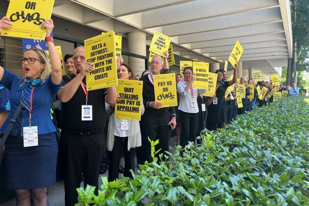 Flight attendants and other union supporters rallied in downtown Atlanta on May 20, 2024.