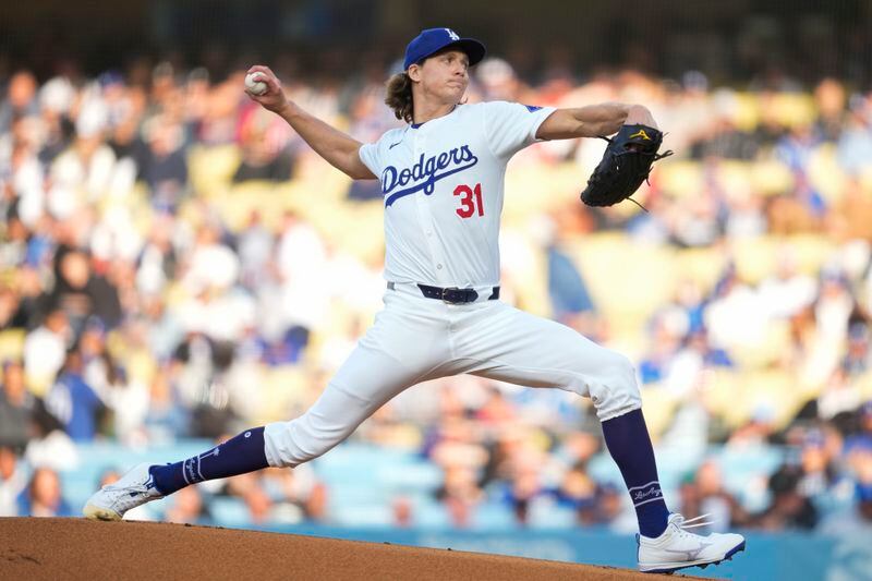 Los Angeles Dodgers starting pitcher Tyler Glasnow throws during the first inning of a baseball game against the Atlanta Braves in Los Angeles, Saturday, May 4, 2024. (AP Photo/Ashley Landis)
