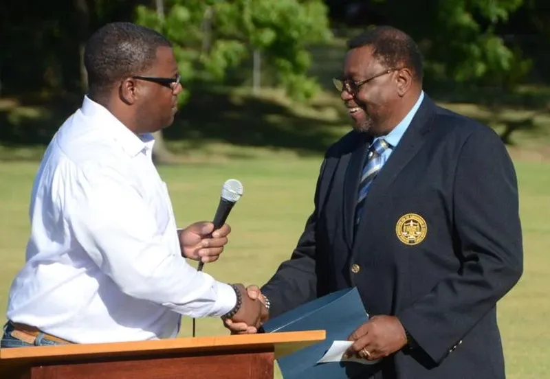 Jackson Mayor Carlos Duffey (left) presents Butts County NAACP President Poleon Griffin (right) with the first proclamation declaring June 19 as Juneteenth in the city.