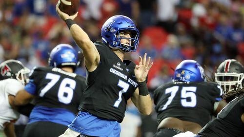 Georgia State quarterback Conner Manning (7) attempts a pass in the first quarter of their game against Ball State at the Georgia Dome, Friday, September, 2016, in Atlanta, Ga. PHOTO / JASON GETZ