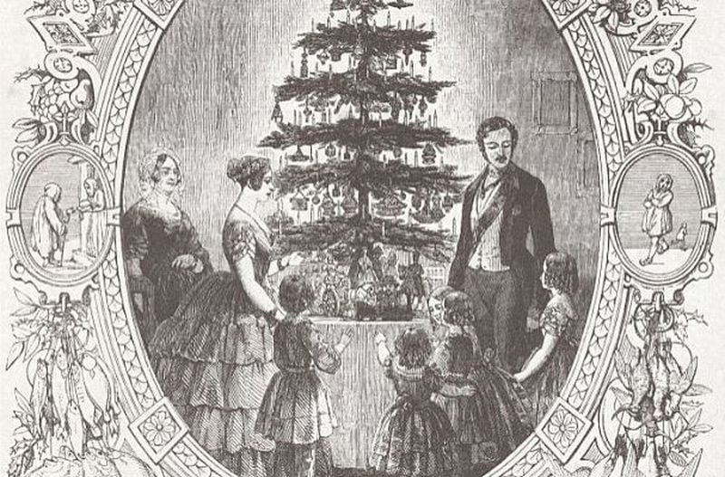 Prince Albert is credited with introducing the Christmas Tree in Victorian England in the 1840s, replicating the tradition from his German childhood. This illustration from the time shows him and Queen Victoria with their family Christmas tree.