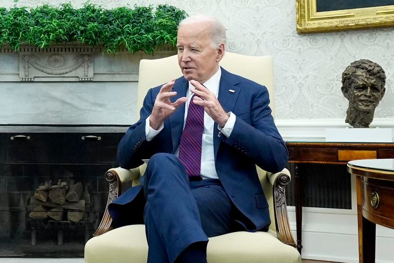 President Joe Biden speaks during a meeting with Prime Minister Petr Fiala of the Czech Republic in the Oval Office at the White House, Monday, April 15, 2024. (AP Photo/Manuel Balce Ceneta)