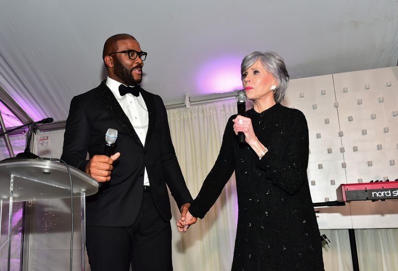 ATLANTA, GEORGIA - NOVEMBER 10: Tyler Perry and Jane Fonda speak onstage Jane Fonda's 85th Birthday, a benefit for Georgia Campaign for Adolescent Power & Potential (GCAPP) on November 10, 2022 in Atlanta, Georgia. (Photo by Moses Robinson/Getty Images for GCAPP)