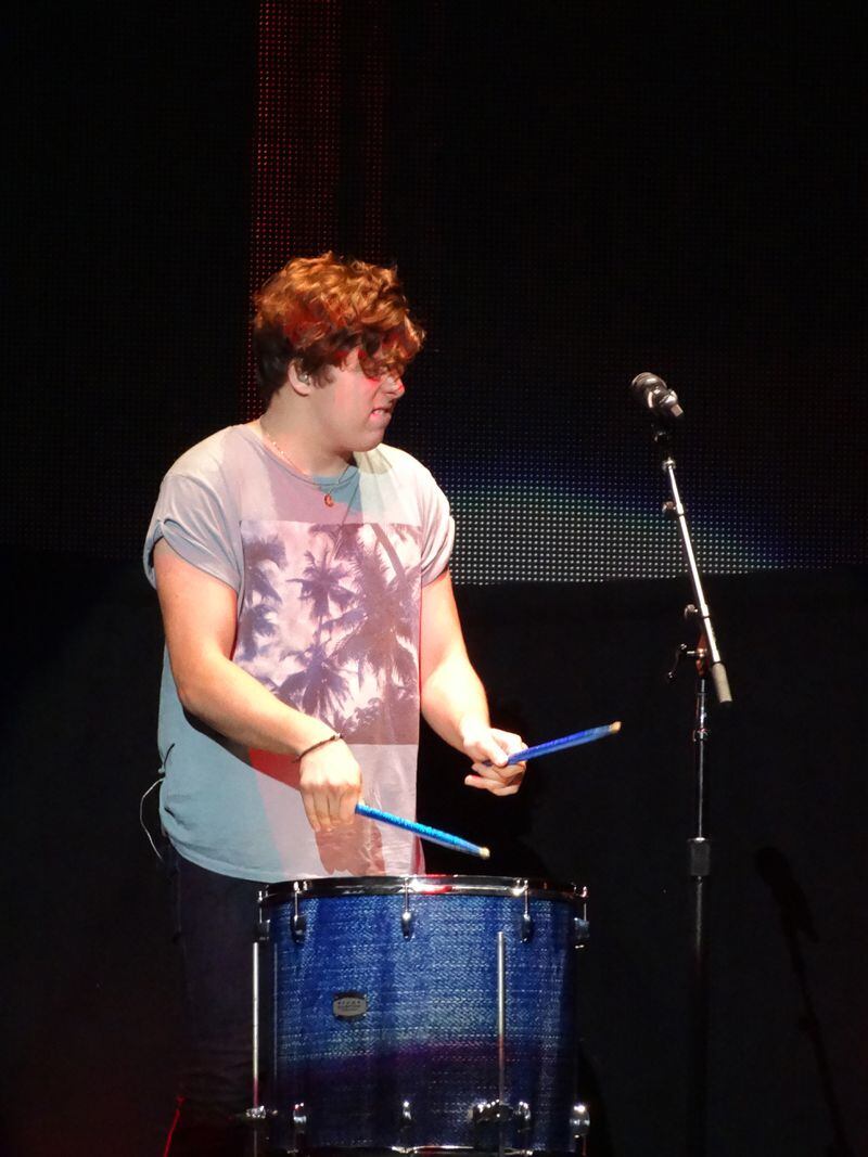 Alex Preston brings back the drums during Bastille's "Pompeii." CREDIT: Rodney Ho/rho@ajc.com