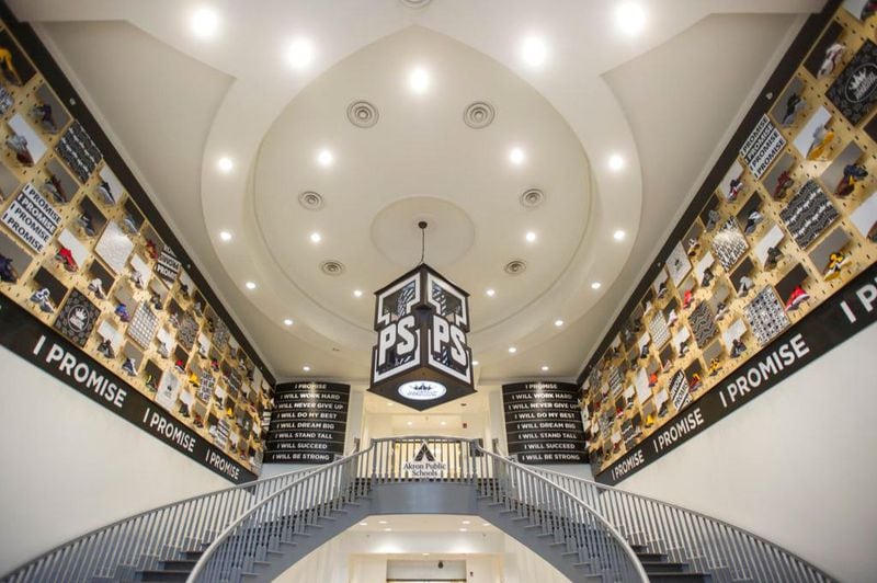 The lobby of the I Promise School, a new Akron Public School funded by the LeBron James Family Foundation has a display of LeBron shoes in the lobby and is shown in Akron, Ohio, Monday, July 30, 2018. (AP Photo/Phil Long)