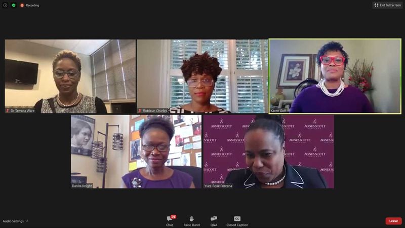 Four of Agnes Scott College's nine executive cabinet members are Black women. The women led an online discussion on Sept. 8, 2020, that was part of the Decatur-based college's series on Truth, Racial Healing and Transformation. Pictured here from the top left: Tawana Ware, a college trustee; Robiaun Charles, vice president for college advancement; Karen Goff, vice president for student affairs and dean of students; Danita Knight, vice president for communications and marketing; and Yves-Rose Porcena, vice president for equity and inclusion. (Courtesy of Agnes Scott College)