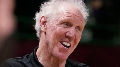 FILE - Basketball Hall of Fame legend Bill Walton laughs during a practice session for the NBA All-Star basketball game in Cleveland, Feb. 19, 2022. Walton, who starred for John Wooden's UCLA Bruins before becoming a Basketball Hall of Famer and one of the biggest stars of basketball broadcasting, died Monday, May 27, 2024, the league announced on behalf of his family. He was 71. (AP Photo/Charles Krupa, File)