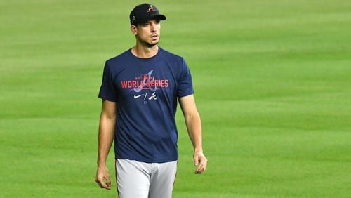Braves starting pitcher Charlie Morton (50) walks on the field during workout in preparation for Game 1 of baseball's World Series against Houston Astros at Minute Maid Park in Houston on Monday, October 25, 2021. (Hyosub Shin / Hyosub.Shin@ajc.com)