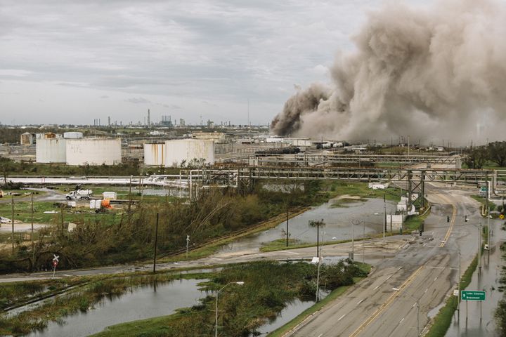 A fire burns at a BioLab industrial site in Westlake, La., near Lake Charles, on Thursday, Aug. 27, 2020, after Hurricane Laura passed through the region. (William Widmer/The New York Times)