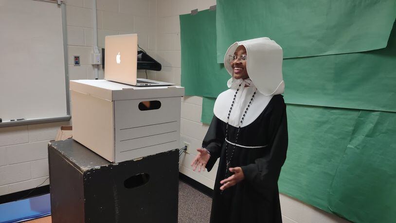 Students from Duluth High School's production of the musical 'Sister Act, Jr.' performed in costumes as nun characters and the pope -- in front of a makeshift green screen and school laptops -- to compete in the 2021 Shuler Awards presented by ArtsBridge Foundation. (Courtesy ArtsBridge Foundation)