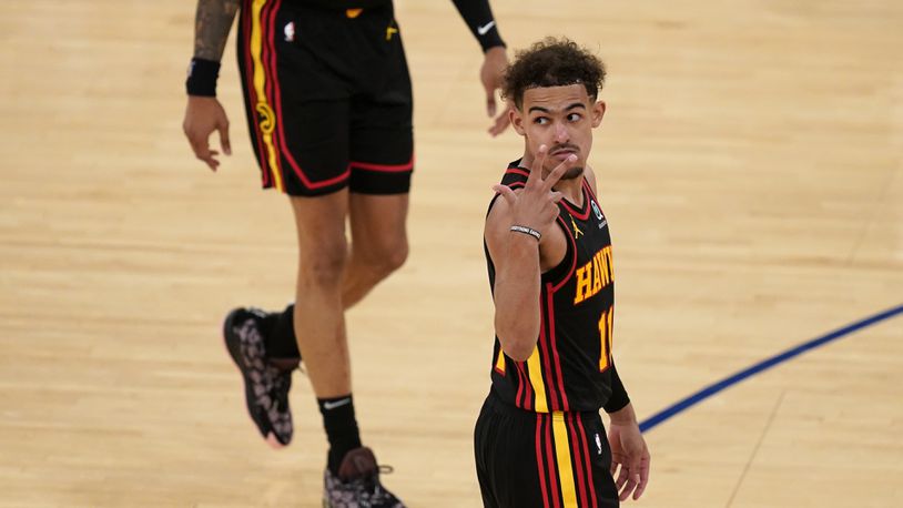 Atlanta Hawks' Trae Young gestures during the second half of Game 1 first-round playoff series against the New York Knicks, Sunday, May 23, 2021, in New York. (Seth Wenig/AP)