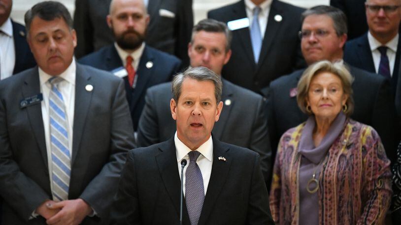 Gov.  Brian Kemp speaks during a press conference Tuesday to announce plans to spend millions of dollars on expanding internet throughout Georgia, especially in rural areas that lack access. (Hyosub Shin / Hyosub.Shin@ajc.com)