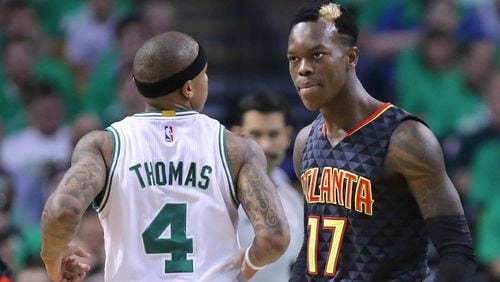 Celtics guard Isaiah Thomas and Hawks guard Dennis Schroder are both called for technical fouls as they get into a scuffle during the first half in their NBA Eastern Conference first round playoff basketball game at TD Garden on Friday, April 22, 2016, in Boston. Curtis Compton / ccompton@ajc.comon