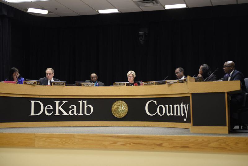 The DeKalb County Board of Commissioners during a meeting Tuesday. (DAVID BARNES / DAVID.BARNES@AJC.COM)
