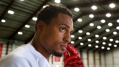 June 6, 2019 Flowery Branch: Atlanta Falcons cornerback Isaiah Oliver takes questions during an interview following team practice on Thursday, June 6, 2019, in Flowery Branch.  Curtis Compton/ccompton@ajc.com