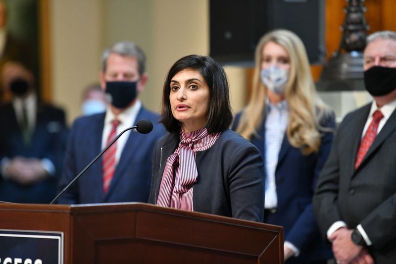 October 15, 2020 Atlanta - Centers for Medicare and Medicaid Services (CMS) Administrator Seema Verma speaks after Governor Brian Kemp made a special announcement on healthcare reform at the Georgia State Capitol on Thursday, October 15, 2020. (Hyosub Shin / Hyosub.Shin@ajc.com)
