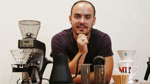 Jeremy Kuempel, CEO of Blossom Coffee, is photographed with a variety of gadgets used to brew the perfect cup of coffee at his shop on Wednesday, Aug. 16, 2017 in Brisbane, Calif. (Gary Reyes/Bay Area News Group/TNS)
