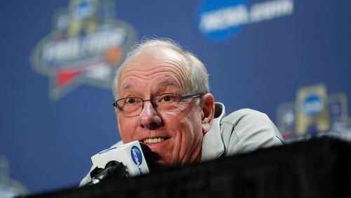 Syracuse head coach Jim Boeheim answers questions at a news conference for the NCAA Final Four college basketball tournament Thursday, March 31, 2016, in Houston. (AP Photo/David J. Phillip)