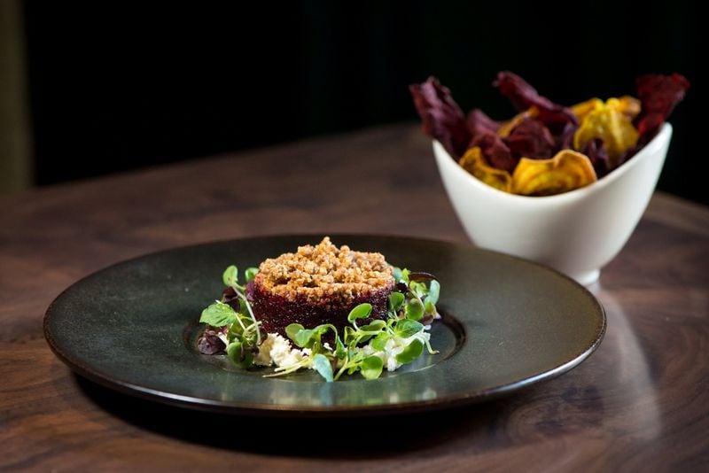  Rosemary roasted ruby beet tartare with toasted pecans and walnuts, The Woodsman and Wife cheese, and beet chips. Photo credit: Mia Yakel.