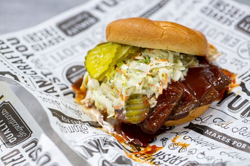 If you want to add some crunch to the Veef Brisket Sandwich by Terry Sargent, put some slaw on it. (Styling by Terry Sargent / Ryan Fleisher for the AJC)