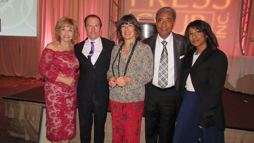 Emcee Pat Mitchell, inductee Mike Luckovich (AJC), inductee Christiane Amanpour (CNN, PBS), inductee Morse Diggs (Fox 5) and  Melora Rivera, daughter of inductee Amanda Davis (Fox 5, CBS46), who died last year. CREDIT: Rodney Ho/rho@ajc.com