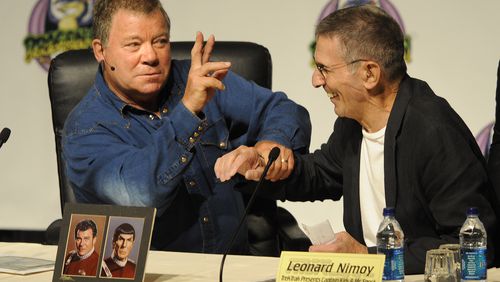 0909042 - Atlanta - William Shatner and Leonard Nimoy joke with each other during the Dragon Con convention at the Hyatt on Friday, September 4, 2009. Johnny Crawford/ jcrawford@ajc.com 0909042 - Atlanta - William Shatner and Leonard Nimoy joke with each other during the Dragon Con convention at the Hyatt on Friday, September 4, 2009. Johnny Crawford/ jcrawford@ajc.com