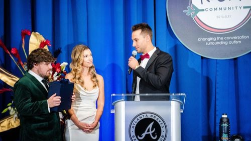 Braves first baseman Matt Olson speaks during Diamond Casino Night, hosted by ReClif Community, at the Delta Club in Truist Park on January 12, 2024 in Atlanta, Georgia. (Photo by Kevin D. Liles/Atlanta Braves/Getty Images)