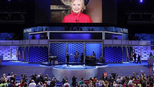 Democratic Presidential candidate Hillary Clinton appears on a large monitor to thank delegates during the second day of the Democratic National Convention in Philadelphia on Tuesday. (AP/J. Scott Applewhite)