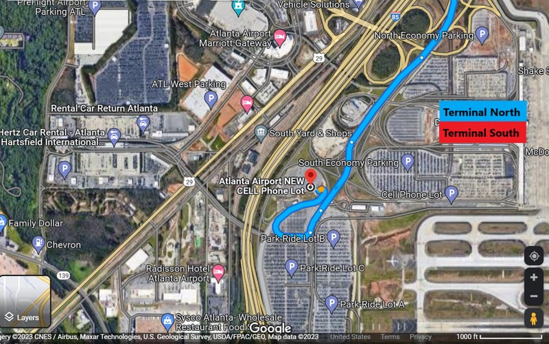 There's a new route to get to the cell phone lot at Hartsfield-Jackson. Source: Google maps, AJC.