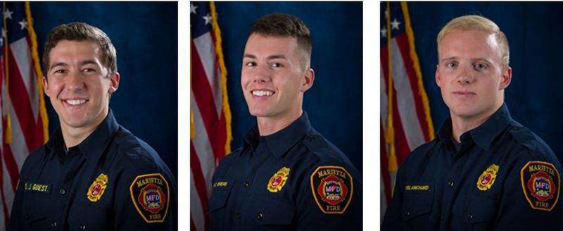 Pictured left to right are Dillon Guest, Ron Herens and Doug Blanchard. The three Marietta firefighters were hit by a suspected DUI driver Monday night in California. (Credit: Marietta police)