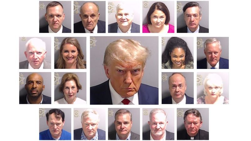 Mug shots of former President Donald Trump and 18 allies taken at the  Fulton County Jail. They face charges of conspiracy to overturn the results of the 2020 election in Georgia. Two have admitted guilt as part of plea deals.
