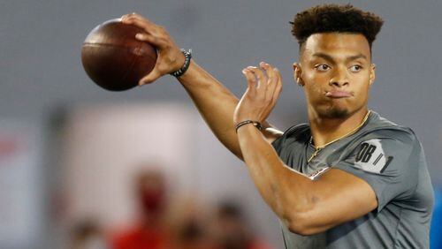Quarterback Justin Fields throws during Ohio State's Pro Day Tuesday, March 30,2021, at Ohio State University in Columbus, Ohio. (Paul Vernon/AP)