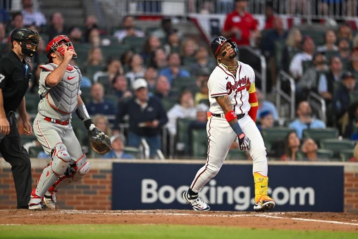 Atlanta Braves right fielder Ronald Acuna Jr. (13) watches a pop fly out to end the third inning of NLDS Game 2 against the Philadelphia Phillies in Atlanta on Monday, Oct. 9, 2023.   (Hyosub Shin / Hyosub.Shin@ajc.com)