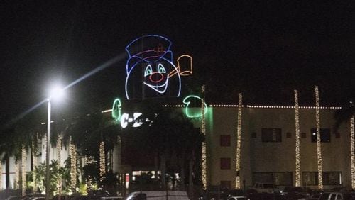 Frosty the Snowman light arrangement on the roof of Cheney Brothers, Inc., in Riviera Beach.