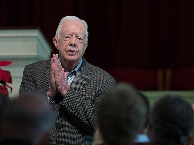 Former President Jimmy Carter teaches during Sunday School class at Maranatha Baptist Church in his hometown, Sunday, Dec. 13, 2015, in Plains, Ga. A recent MRI showing no cancer on Jimmy Carter's brain is "very positive" news for the former president but will not end his medical treatment, doctors said. Carter, 91, announced on Dec. 6 that doctors found no evidence of the four lesions discovered on his brain this summer and no signs of new cancer growth. (AP Photo/Branden Camp)