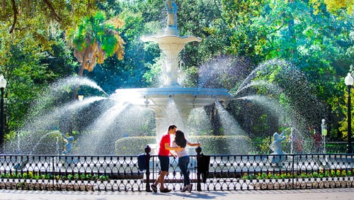 Forstyth Park in Savannah features a large urban park with a large fountain, among other features.