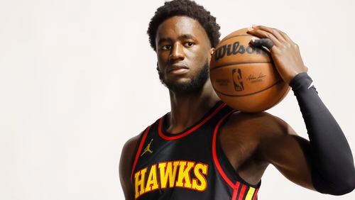 Hawks guard AJ Griffin poses on media day Monday in advance of the 2023-24 season. Griffin on being a mentor to rookie players: 'To show them how to navigate through the challenges as a rookie, I feel privileged to take that role at a young age ......'