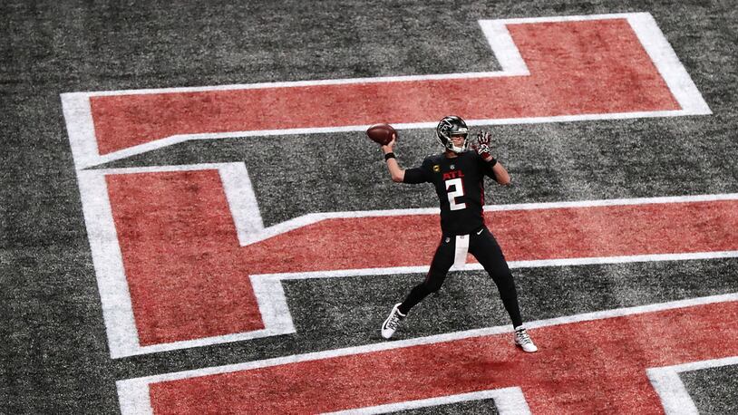 Falcons quarterback Matt Ryan throws a pass while preparing to play the Las Vegas Raiders on Nov. 29, 2020, at Mercedes-Benz Stadium in Atlanta. (Curtis Compton / Curtis.Compton@ajc.com)