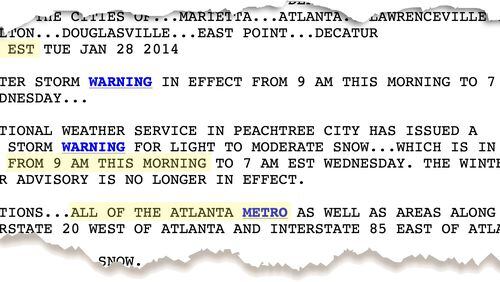 Screen capture of the National Weather Service's Winter Storm Warning issued at 3:38 a.m. on Tuesday.