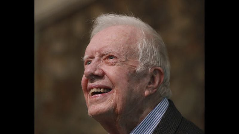 <p> FILE - In this June 9, 2019 file photo, former President Jimmy Carter smiles as he returns to Maranatha Baptist Church to teach Sunday School, less than a month after falling and breaking his hip, in Plains Ga. (Curtis Compton/Atlanta Journal-Constitution via AP, File) </p>