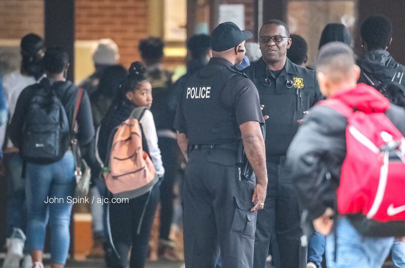 Grief counselors are at Stephenson High School on Friday morning to greet students arriving for the school day. A Stephenson student was shot and killed by a classmate Thursday, according to DeKalb County School District officials. JOHN SPINK / JSPINK@AJC.COM