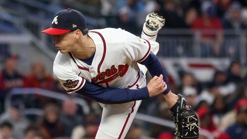 Atlanta Braves starting pitcher Kyle Wright (30) pitches during a game against Cincinnati Reds at Truist Park on Saturday, April 9, 2022, in Atlanta.  Branden Camp/For the Atlanta Journal-Constitution