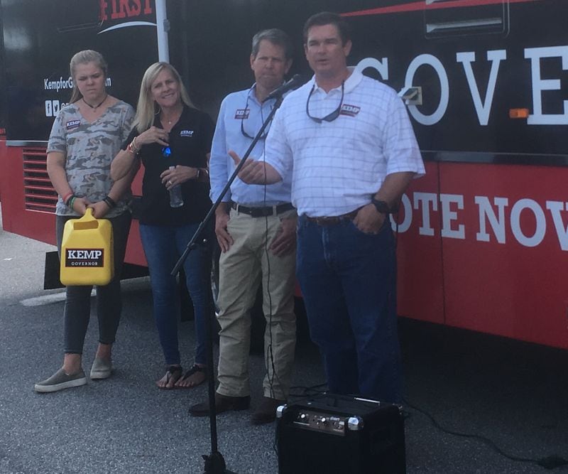 U.S. Rep. Austin Scott, right, joined Lucy, from left, Marty and Brian Kemp at some recent tour stops.