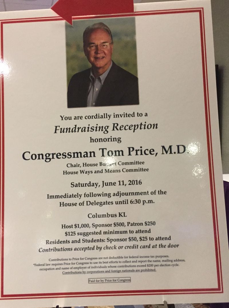 A fundraiser for U.S. Rep. Tom Price took place at the American Medical Association's annual meeting in Chicago last June. (Alan Judd/ajudd@ajc.com)