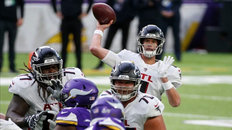 Atlanta Falcons quarterback Matt Ryan (2) throws against the Minnesota Vikings during the first half Sunday, Oct. 18, 2020, in Minneapolis. (Bruce Kluckhohn/AP)