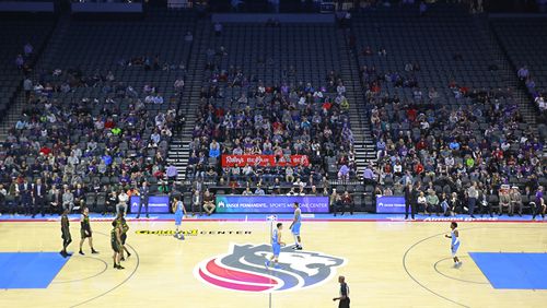 Many seats of the Golden 1 Center sit empty for the Sacramento Kings' NBA basketball game against the Atlanta Hawks, after protesters blocked the entrance to the arena, Thursday, March 22, 2018, in Sacramento, Calif. The demonstration was over the shooting death of Stephon Clark on Sunday by Sacramento police officers. (AP Photo/Rich Pedroncelli)