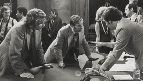 Rufus Edmisten (right), deputy chief counsel on the Senate Watergate committee, at a 1973 hearing